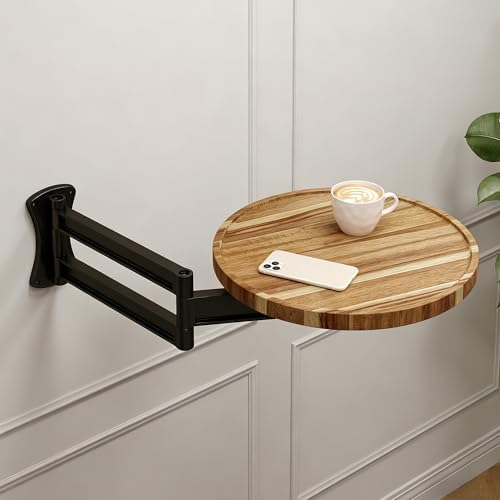 Wall Mounted Folding Table,11" Acacia Bedside Shelf Wall Mount Floating Wall Desk with 36 LBS Capacity for Small Spaces,Round Wood Tabletop with 720° Rotatable Aluminum Alloy Brackets by Home