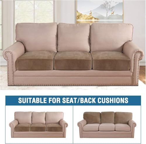 H.VERSAILTEX Velvet Stretch Couch Cushion Cover Plush Cushion Slipcover for Chair Loveseat Sofa Cushion Furniture Protector Seat Cushion Sofa Cover (3 Piece XL Sofa Cushion Covers, Camel) - Image 3