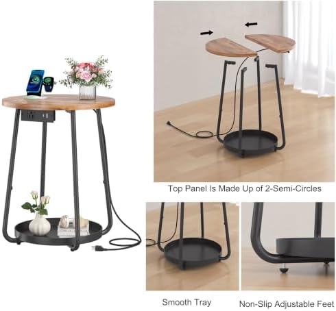 sthmec Small Round Side End Table with Storage and Charging Station, 2 Tier Round Bedside Sofa Couch Coffee Tables with Tray, Metal Nightstand for Small Spaces, Living Room Bedroom, Rustic Brown - Image 4