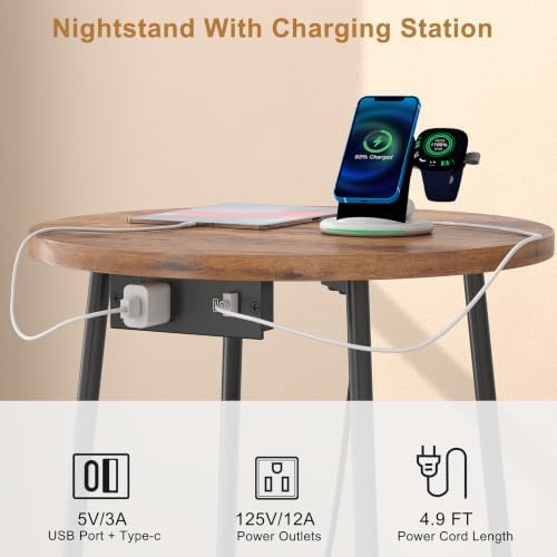 sthmec Small Round Side End Table with Storage and Charging Station, 2 Tier Round Bedside Sofa Couch Coffee Tables with Tray, Metal Nightstand for Small Spaces, Living Room Bedroom, Rustic Brown - Image 5