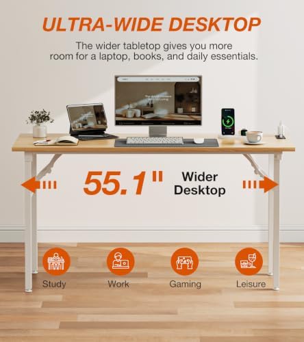 XBurmo Small Folding Desk Folding Table, No Assembly Foldable Desk Gaming Desk, 55.1-Inch Computer Table Workstation with 2 AC Outlets and 2 USB Ports for Bedroom and Home Office, Light Maple - Image 7