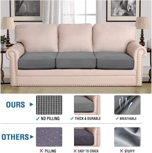 H.VERSAILTEX Super Stretch Individual Seat Cushion Covers, Thick Jacquard Textured Twill Fabric (3 Piece XL Sofa Cushion Covers, Grey) - Image 2