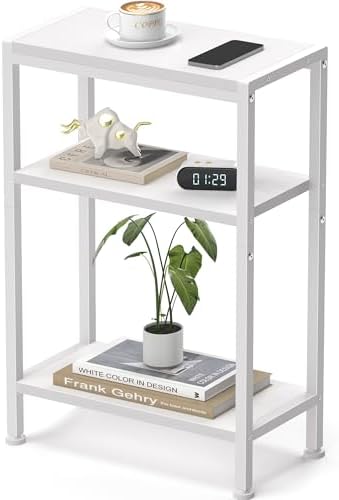 Narrow Side Table for Small Space, 3 Tier Slim End Table, Thin Nightstand, Skinny Snack Couch Table, Sofa Bedside Table, Tall Plant Stand in Living Room, Bedroom, Study, Kitchen and Balcony (White) by HOME