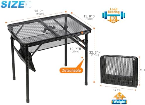 Small Floding Grill Table with Mesh Layer, 2 Height Adjustable, Portable & Lightweight Metal Camping Table for Outdoor, Beach & BBQ - Compact (2 FT, Black) - Image 2