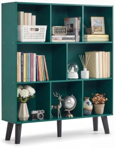 YAHARBO 8 Cube Bookshelf,3 Tier Bookcase with Legs,Dark Green Mid-Century Modern Bookshelves,Large Free Standing Open Storage Organizer Shelf,Tall Wooden Book Case Furniture for Bedroom,Living Room by YAHARBO