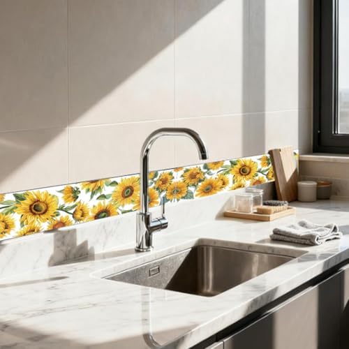 Sunflower Wall Border Wallpaper Border Decal Peel and Stick 19.7 x 4 Inch Sunflower Pattern PVC Decorative Molding Trim Stickers for Bathroom Laundry Kitchen Backsplash Home Decoration - Image 4