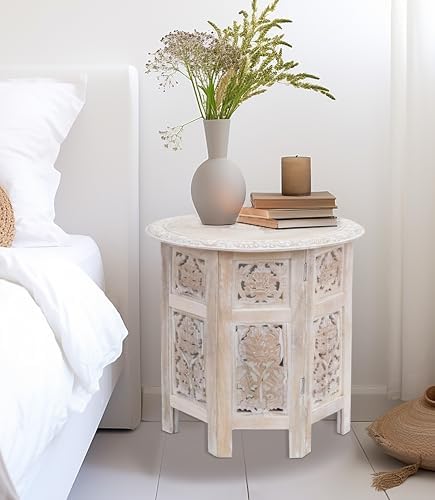 COTTON CRAFT Solid Wood End Table - Hand Carved Folding Accent Side Table - Image 2
