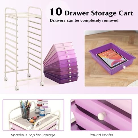 10-Drawer Rolling Storage Cart, Trolley w/Lockable 360° Wheels, 10 Removable PP Drawers, Sturdy Metal Frame, Rolling Utility Cart Perfect for Home, Office, Classroom (Gradient Purple) - Image 4
