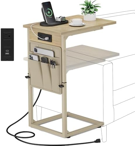 Vagusicc C Shaped End Table with Charging Station, Adjustable Height C Table End Table, Small Side Table for Couch, Couch Table Slide Under Sofa Table TV Tray Arm Table for Living Room,Bedroom,Natural by Vagusicc