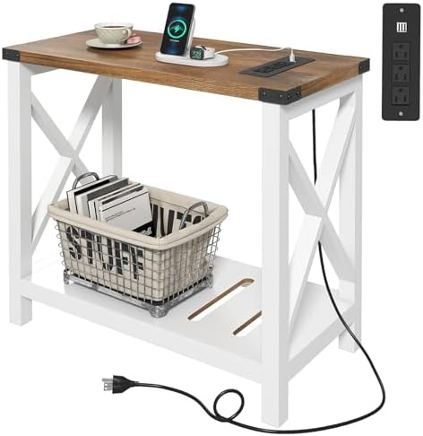 Hadulcet Farmhouse Side Table with Storage Shelf - Narrow End Table with Charging Station, Slim End Tables Living Room, Rustic X-Design Nightstand for Bedroom, Small Space, White & Brown by Hadulcet