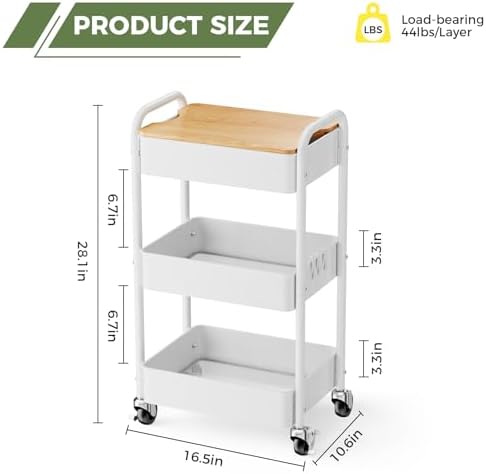 3-Tier Rolling Cart with Table Top, Metal Utility Cart on Wheels - Image 4
