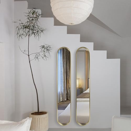 OUSHUAI Gold Full Length Oval Mirror,Narrow Capsule Long Mirrors with Metal Frame for Entryway,Hallway,Living Room 44"X8"(2pcs) … by OUSHUAI