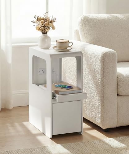 White Narrow Side Table, Slim End Table with Charging Station by Aylenic