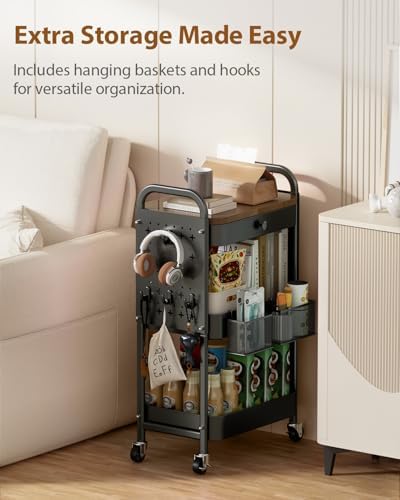 ALVOROG 3 Tier Metal Rolling Cart with Drawer,Wood Top,Pegboards,Black - Image 5