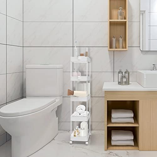SPACEKEEPER 5 Tier Storage Rolling Cart, Bathroom Cart with Wheels, White - Image 4