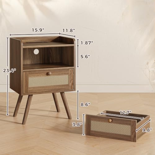 SUPERJARE Nightstands Set of 2, Night Stands with Charging Station, Walnut - Image 2
