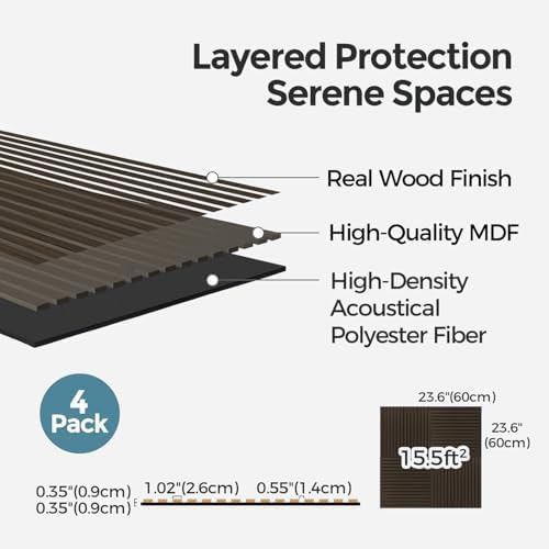 AKUMAX 4-Pack Wood Slat Acoustic Wall Panels, 23.6 x 23.6 in 3D Sound-Absorbing Panels for Walls & Ceilings, Fire-Retardant, FSC-Certified Materials, 15.5 Sq Ft, Black Walnut - Image 2