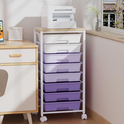 Rolling Cart with 8 Drawers, Storage Drawers Cart with Wooden Tabletop and Lockable Wheels, Craft Storage for Living Room, Office, Classroom, Craft Room, Bedroom (Purple) - Image 6
