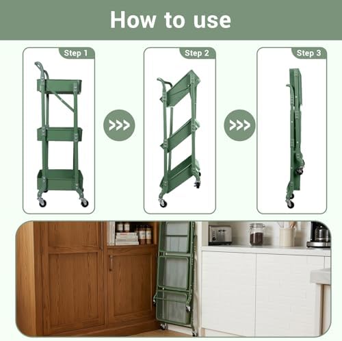 Amatic 3-Tier Folding Rolling Utility Cart with Wheels, Metal Foldable Storage Cart Organizer with 3 Hanging Cups & 6 Hooks for Kitchen, Office, Living Room, Nursery(Green) - Image 3