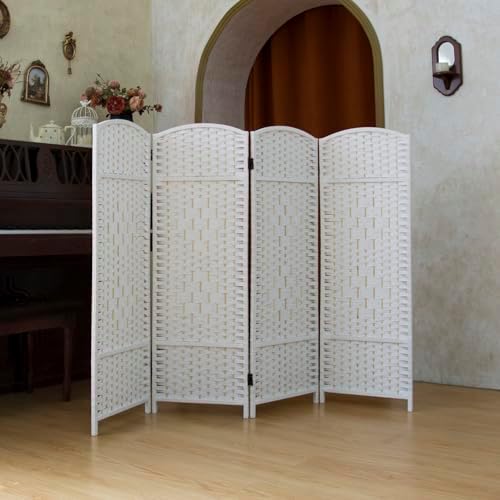 Compact 4 Panel Short Room Divider, 47.2 Inch Tall Double-Sided Rattan Folding Privacy Screen for Home & Office,White - Image 5