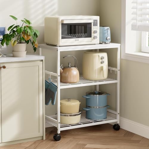 Kitchen Rolling Cart, 3-Tier Microwave Stand with Lockable Wheels, One-Piece Shelf, Kitchen Utility Storage Cart for Coffee Bar,Apartment, Dorm, Laundry Room, Office, 23.6" x 15.7" x 27.6", White by Unknown