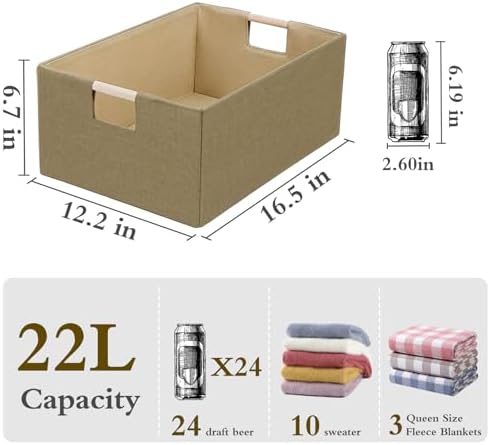 Foldable Fabric Storage Cubes, Cloth Storage Baskets with Wooden Handles, Shelf Closet Organizer Bins, Rectangular Linen Storage Boxes for Decor, 16.5 x 12.2 x 6.7 Inches - Image 3