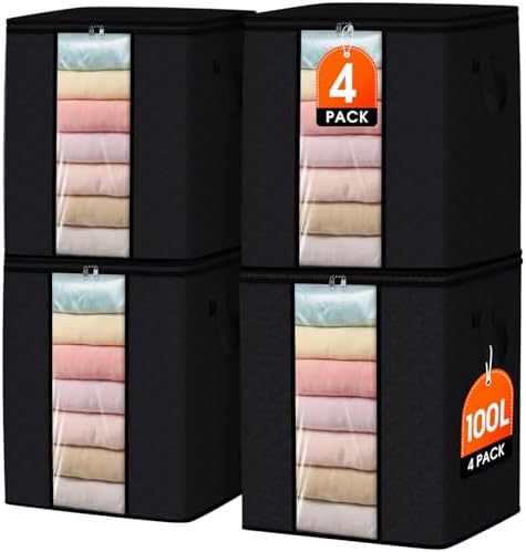 SpaceWhisper 4 Pack 100L Clothes Storage, Foldable Storage Bags, Black by Unknown