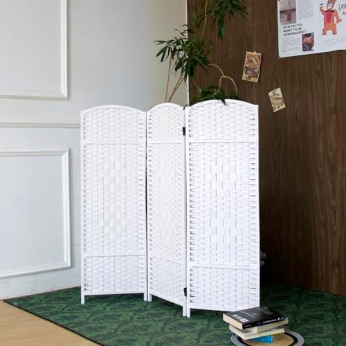3-Panel Short Room Divider, 3.9 ft Freestanding Partition Wall, Natural White Rattan Double-Sided Folding Screen for Living Room, Bedroom & Corner Privacy by Loomveil