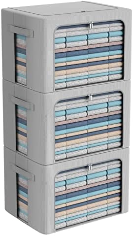 CYhom 3Pack Frame Storage Box - Clothes Storage Bin Bags Oxford Fabric Foldable Stackable Container Organizer Set with Clear Window & Carry Handles (Grey, Extra Large-100L) by CYhom