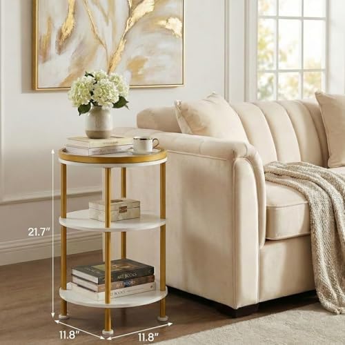 Small Round Side Table, White & Gold, 3-Tier Modern Side Table - Image 3