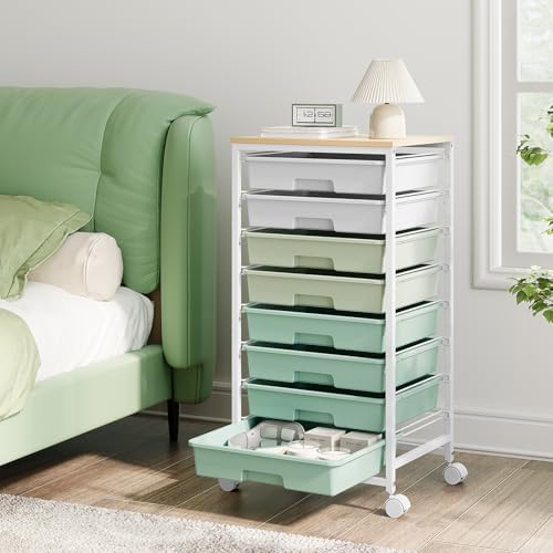 Storage Cart with 8 Drawers, Utility Cart with White Drawers and Wooden Tabletop, Craft Cart, Teacher Organization for Classroom, Storage Furniture, Office Organization, Green by TOOLF