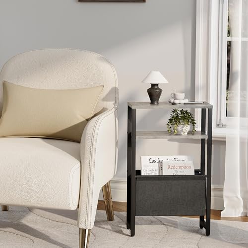 Narrow Side Table, Slim End Table with Magazine Rack, Skinny Bedside Table for Small Spaces, 3 Tier Sofa Couch Table Nightstand for Living Room, Bedroom,Oak Grey LET503Q - Image 6