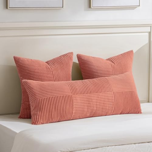 Fancy Homi 2 Packs Coral Big Decorative Throw Pillow Covers 24x24 Inch for Living Room Couch, Rustic Farmhouse Boho Home Decor, Soft Corss Corduroy Patchwork Accent Peach Square Cushion Case 60x60 cm - Image 5