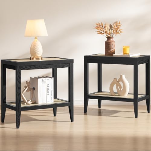 SICOTAS Rattan Bedside Table Set of 2, End Table with Storage by SICOTAS