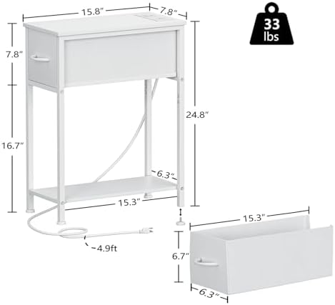Vagusicc End Table Set of 2 with Charging Station, Narrow Side Table Nightstand with Fabric Drawer, Slim Nightstand for Bedroom, Small Bedside Table, Slim Sofa Side Table for Small Spaces, White - Image 3