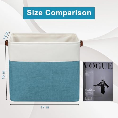 Bagnizer Large Fabric Storage Baskets | 50L Storage Bins, Decorative Linen Closet Baskets with Handles for Organizing, Shelf, Toys, Clothes, Home, Office, Nursery, 17x12x15Inches (Teal&White) - Image 3