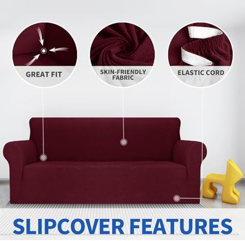 MAXIJIN Stretch Oversized Couch Covers for 3 Cushion Couch (91"-110"), 1-Piece Large Sofa Cover Slipcover Furniture Protector for Kids,Dogs (Extra Large, Diamond Pattern Wine Red) - Image 3