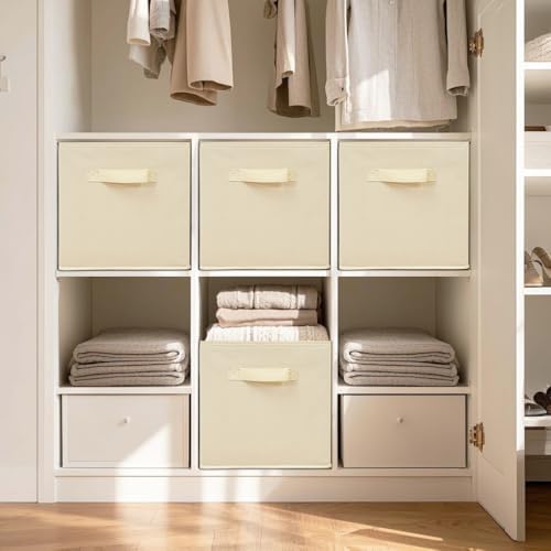 11 Inch Fabric Storage Cubes, Sturdy Foldable Storage Bins, Heavy Duty Cube Organizer for Clothes, Blankets, Shelves, Closets, Bedroom, Living Room, Beige, 7 Pack - Image 4