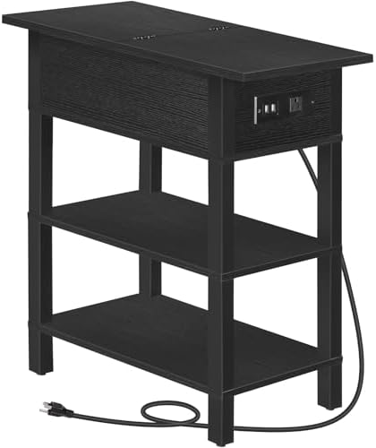 HOOBRO End Table with Charging Station, Flip Top Side Table with USB Ports, Narrow Nightstand Bedside Tables with Storage Shelves, for Small Space, Living Room, Black BK141UBZ01 by HOOBRO