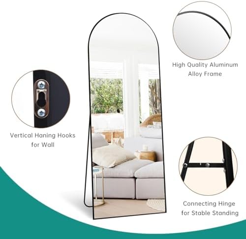 65''x22'' Arched Full Length Mirror, Floor Mirror with Stand, Full Body Mirror, Wall Mirrors, Modern & Contemporary Full Length Mirrors, Aluminum Alloy Frame - Black - Image 4