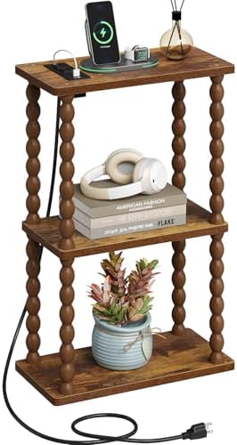 ELYKEN Narrow Side Table with Charging Station, 3-Tier Skinny Bedside Table by ELYKEN