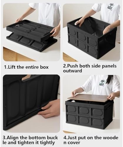Collapsible Storage Bins Box with Lids and Handle, 30L Portable Plastic Storage Crate Containers Totes, Instacrate Stackable Foldable Camping Basket Supplies for Camp Fishing Car RV, Office (Black) - Image 3