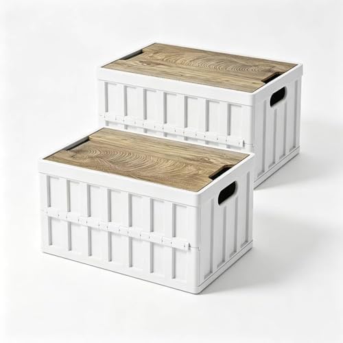 2 Pack White 50L Collapsible Storage Crate Wooden Lid Stackable Bin for Garage RV Car by Unknown