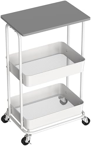Simple Houseware 2-Tier Rolling Utility Cart Wood Top/Lockable Wheel, Gray by SimpleHouseware