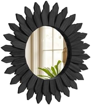20" Black Round Sunburst Wooden Mirror Boho Rustic Wall Decor by Unknown