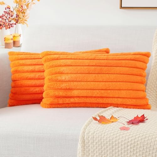 Pallene Faux Fur Fall Throw Pillow Covers 12x20 Set of 2, Burnt Orange by PALLENE