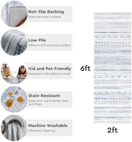 2x6 Runner Rug Machine Washable Non Slip Area Rug Distressed Neutral Moroccan Boho Rug Ultra Soft Floor Runners for Hallways for Entryway Laundry Room Kitchen, Blue - Image 5
