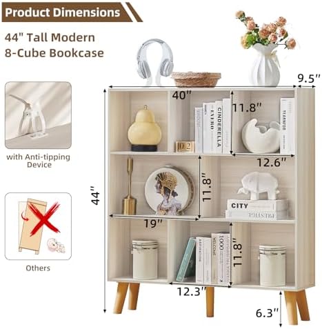LEYAOYAO 8 Cube Bookshelf,Mid-Century Modern Bookcase with Legs,Light Grey - Image 2