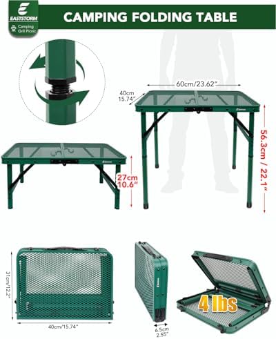 Small 2ft Folding Table with Carry Handle, Adjustable Height 10.6" or 22", Green Metal Mesh, Portable & Compact Indoor/Apartment/Card/Side/Grill Table, 23.6"Lx15.8"W, Lightweight 4 lb, 66 lb Capacity - Image 3