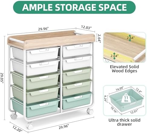 10 Drawer Rolling Storage Cart with Wood Top for Classroom Crafts Green - Image 3